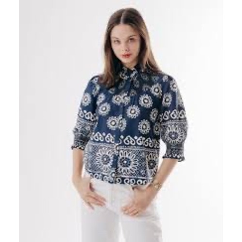 LOVE THE LABEL Blue Bandana Americana Boho Cottagecore Peasant Smocked Top LARGE